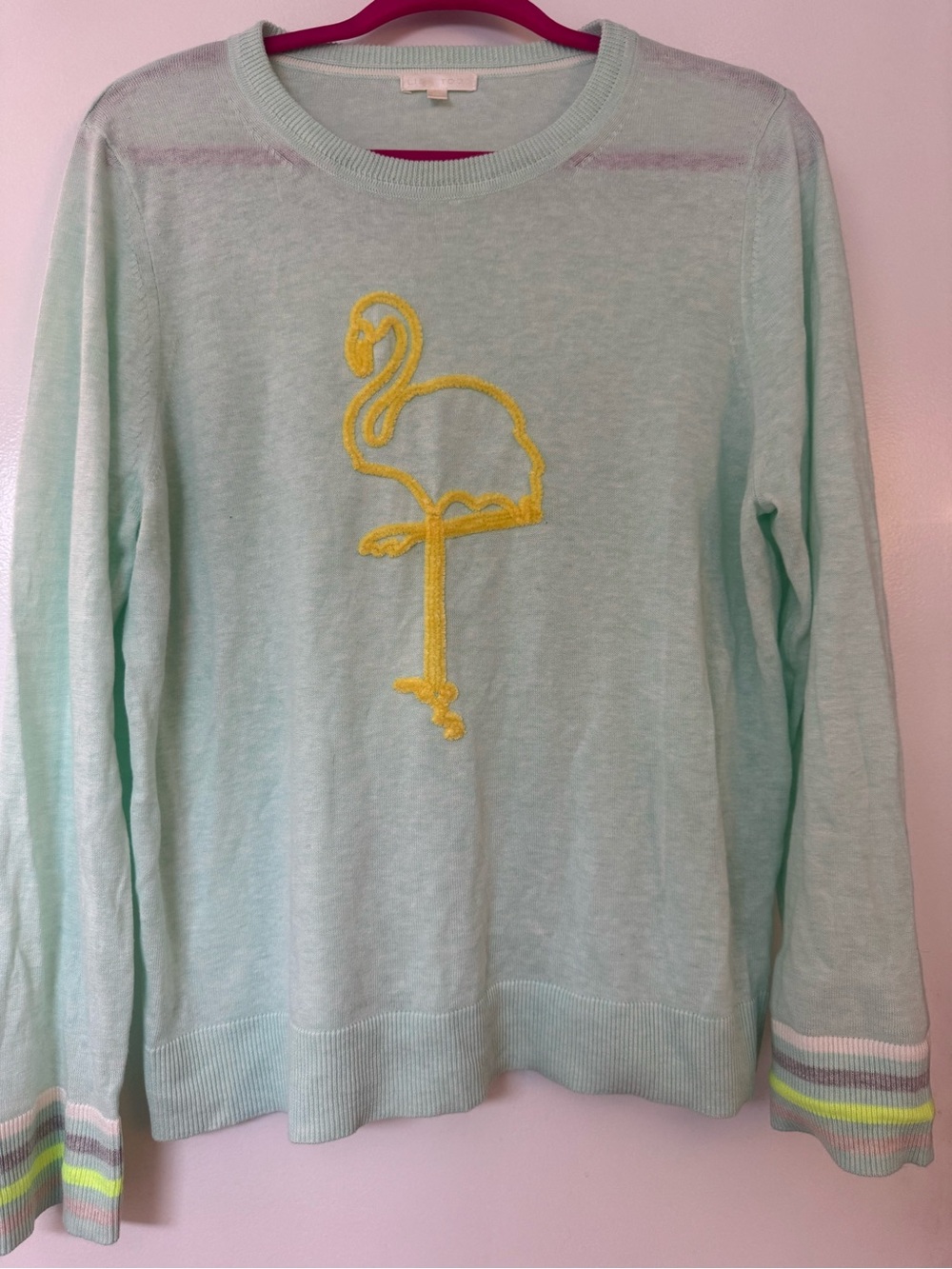 Lisa Todd Mint Crewneck Sweater with Yellow Flamingo